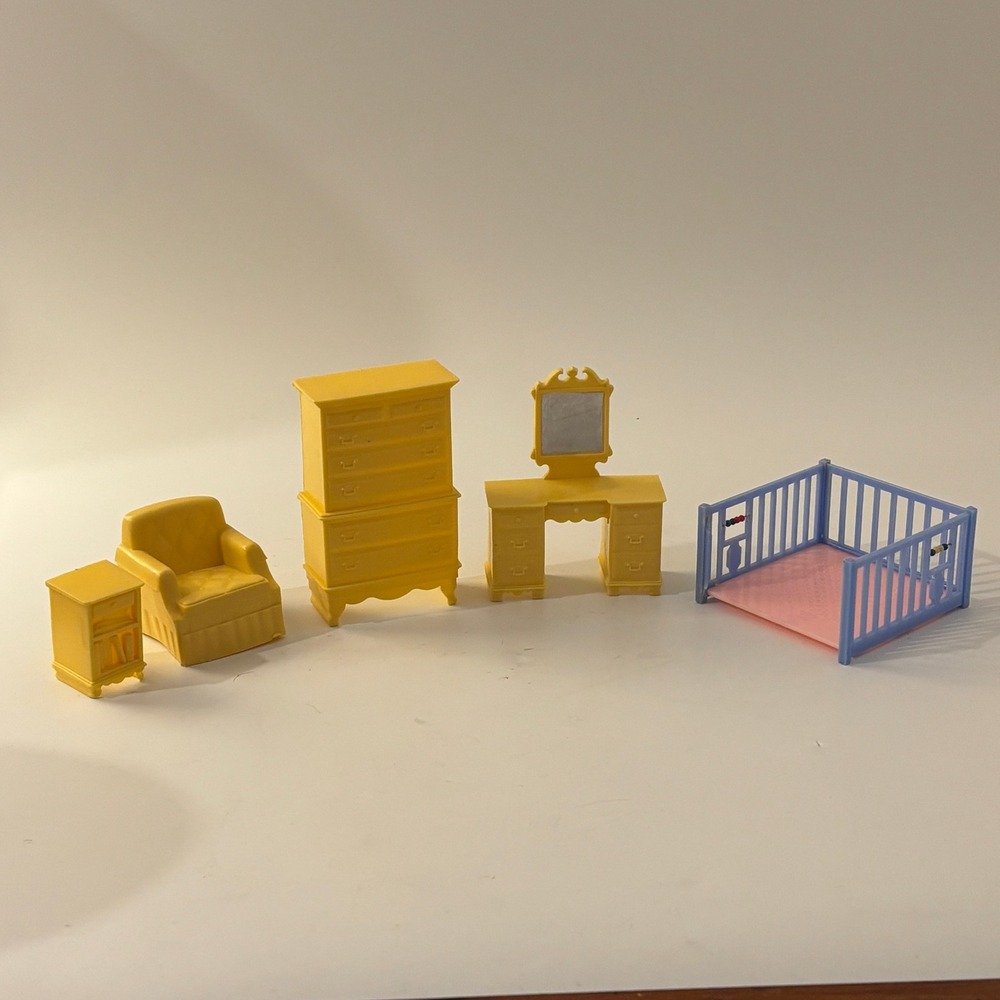 VTG Marx Dollhouse Yellow Bedroom Nursery Furniture Lot Highboy Crib 1:16 1950s